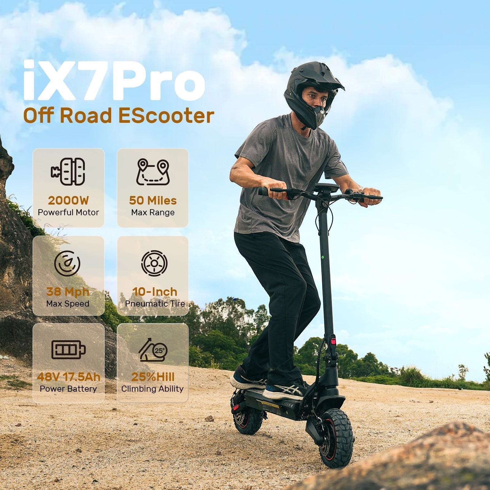 Powerful iScooter iX7Pro 2000W Off-Road Electric Scooter with 10-inch Tires